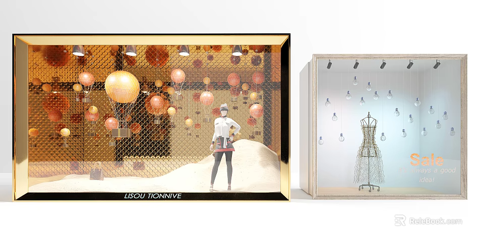 Stylish Retail Window Displays Featuring Orange Balloons Fashion Mannequin And Metal Dress Form Decorations 3d model 