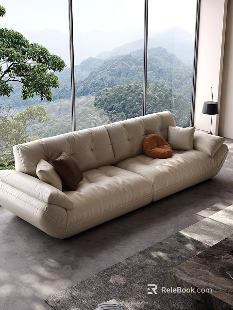 Modern Living Room Interior With Leather Sofa Pillows Large Windows And Scenic Greenery View 3d model 