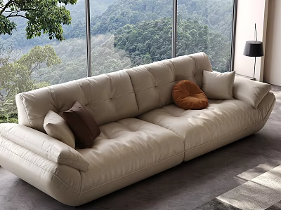 Modern Living Room Interior With Leather Sofa Pillows Large Windows And Scenic Greenery View 3d model