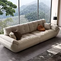 Modern Living Room Interior With Leather Sofa Pillows Large Windows And Scenic Greenery View