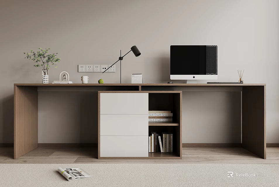 Modern Wooden Desk with White Drawers Black Desk Lamp Computer Monitor Green Plant and Books 3d model 