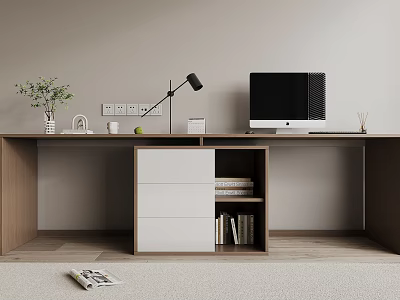 Modern Wooden Desk with White Drawers Black Desk Lamp Computer Monitor Green Plant and Books 3d model