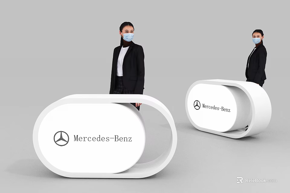 Modern White Mercedes-Benz Reception Desk With Stylish Oval Design And Staff 3d model 