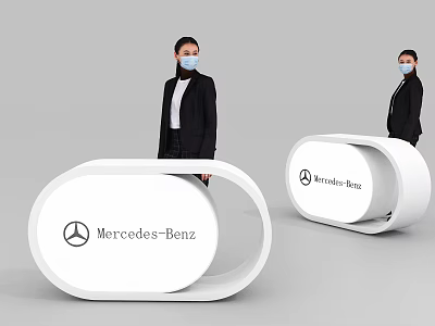 Modern White Mercedes-Benz Reception Desk With Stylish Oval Design And Staff 3d model