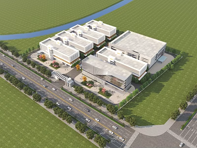 Aerial View of Modern Industrial Factory with Multiple Buildings Efficient Layout River and Green Surroundings 3d model