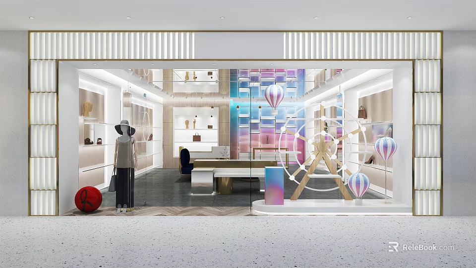 Modern Luxury Boutique Store Window Display with Balloon Decorations Clothing Mannequins and Display Cabinets 3d model 