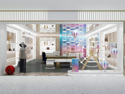 Modern Luxury Boutique Store Window Display with Balloon Decorations Clothing Mannequins and Display Cabinets 3d model