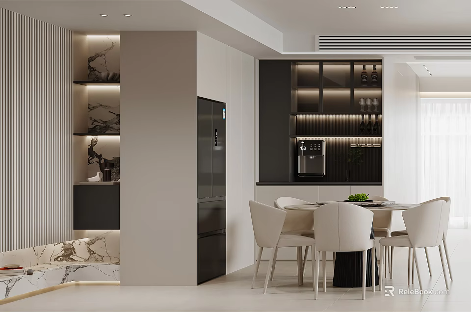 Elegant Modern Restaurant Interior With Marble Dining Table Chairs And Kitchen Cabinets 3d model