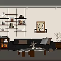 Cozy Living Room With Black Sofa Coffee Table Wall Shelves Sunlight And Wooden Chair Decorations