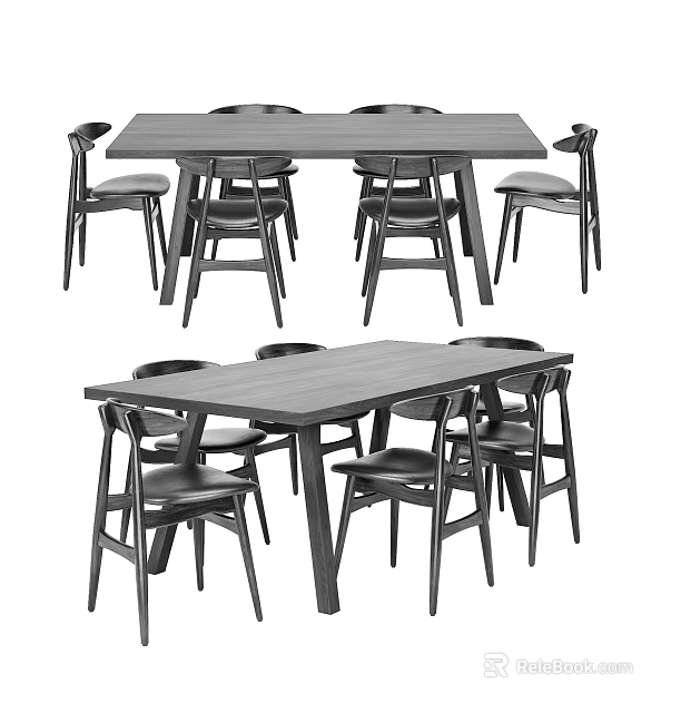 Modern Rectangular Dark Wood Dining Table Set with Six Dining Chairs 3d model 