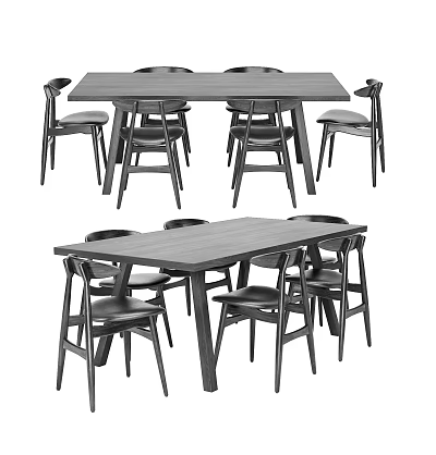 Modern Rectangular Dark Wood Dining Table Set with Six Dining Chairs 3d model