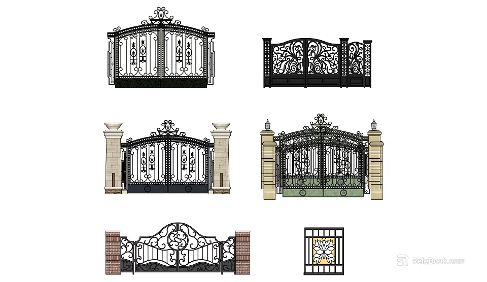 Ornate Wrought Iron Entrance Gates With Intricate Patterns And Pillar Designs 3d model 