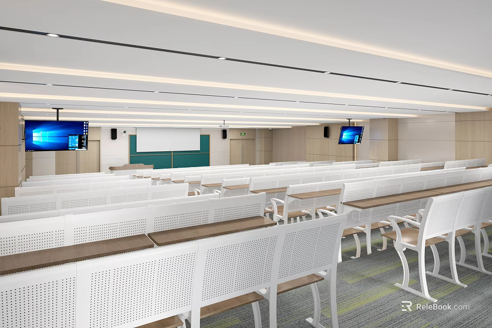 Modern School Lecture Hall With White Chairs And Screens 3d model