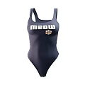 Dark Blue One Piece Swimsuit With Meow Text And Cat Paw Print