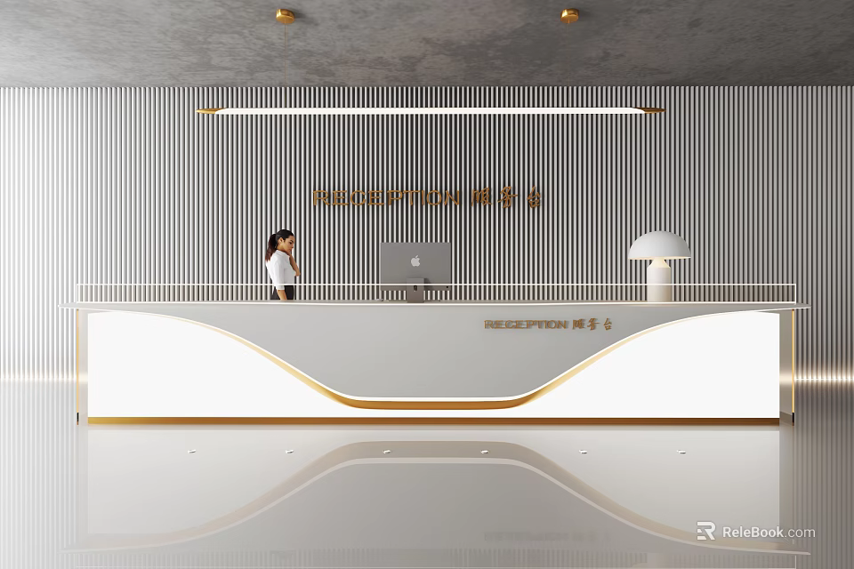 Modern Reception Area Interior Design With Soft Lighting And Female Staff 3d model 