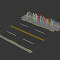 Detailed Road Model With Yellow White Lane Markings And Traffic Signs