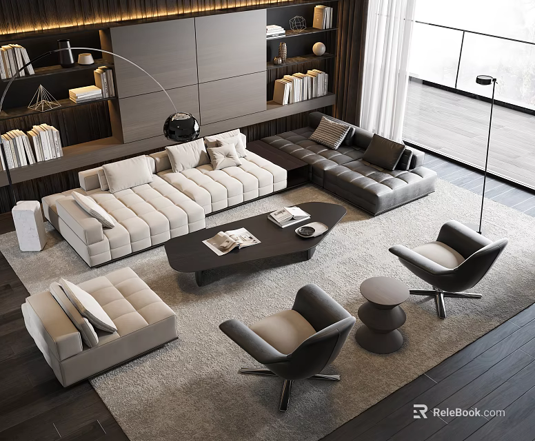 Modern Living Room Sofa And Coffee Table Set With Area Rug And Accent Chairs 3d model 