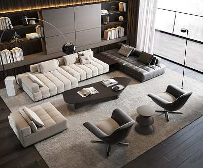 Modern Living Room Sofa And Coffee Table Set With Area Rug And Accent Chairs 3d model
