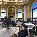 Luxurious Restaurant Interior With Chandeliers Large Windows Sofas Decorative Rug And Mural
