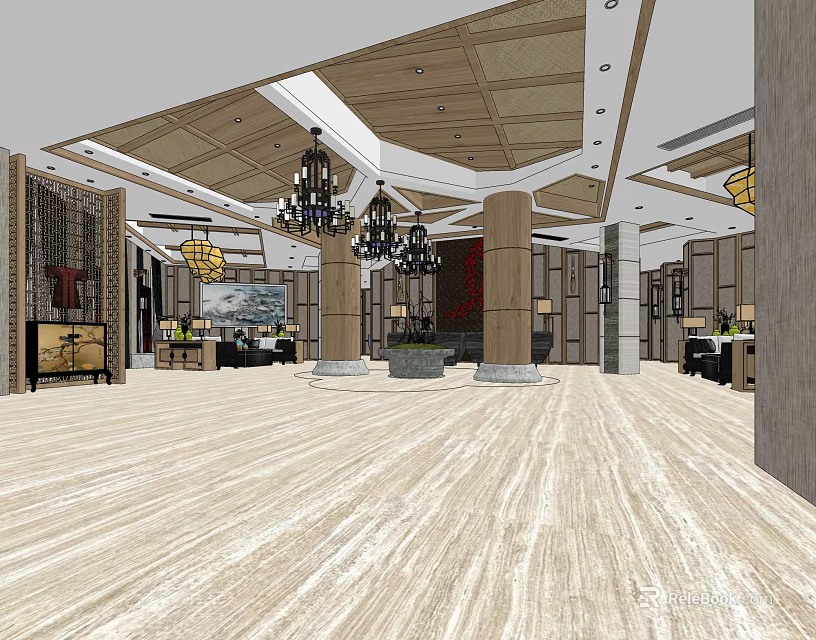Modern Storefront Reception Area With Wooden Ceiling Chandeliers And Decorative Elements 3d model