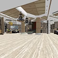Modern Storefront Reception Area With Wooden Ceiling Chandeliers And Decorative Elements 3d model