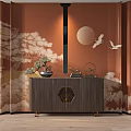 Wooden Dark Brown Entryway Side Cabinet With Potted Plant Circular Decoration Moon Crane Wall Art