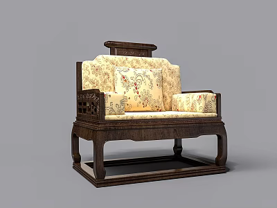 Chinese Style Single Sofa With Wooden Carved Frame And Floral Patterned Cushions 3d model