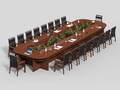 Oval Wooden Conference Table With Chairs Laptop Plants Water Cups And Documents 3d model