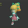 Cartoon Woman in Pink Dress with Yellow Hair Green Bow Black Sleeves Pink Shoes Running