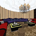Luxurious KTV Interior With Purple Sofas Crystal Chandelier Decorative Ceiling And Wine Racks
