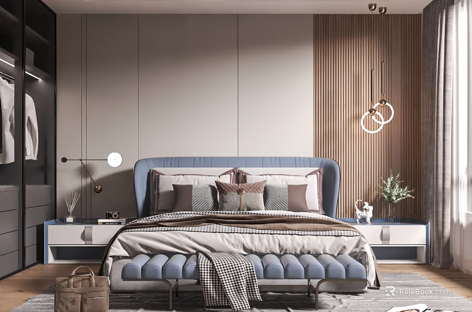 Modern Bedroom Interior Design With Blue Headboard Multiple Pillows Hanging Lights And Wooden Wall Accents 3d model 