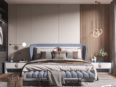 Modern Bedroom Interior Design With Blue Headboard Multiple Pillows Hanging Lights And Wooden Wall Accents 3d model