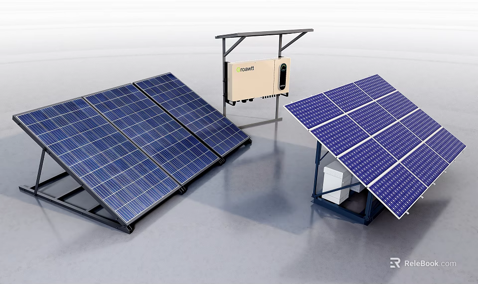 Industrial Solar Power Equipment Featuring Panels Mounting Brackets and Inverter Unit 3d model 