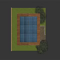 Wooden Cabin With Solar Panels On Roof Wooden Fence Grass Lawn Tree And Shrubs