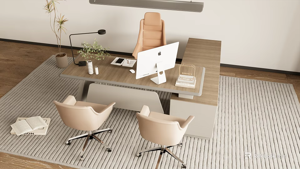 Modern Conference Table With Beige Chairs Computer Green Plant And Table Lamp 3d model 