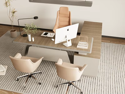 Modern Conference Table With Beige Chairs Computer Green Plant And Table Lamp 3d model