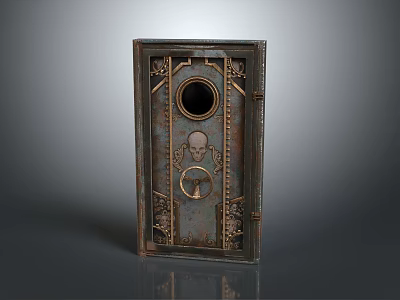 Vintage Metal Safe Furniture With Ornate Carvings Skull Design Round Window And Knob 3d model
