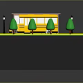 School Bus Stop Scene With Yellow Bus Shelter Street Lamps Green Trees And Grass