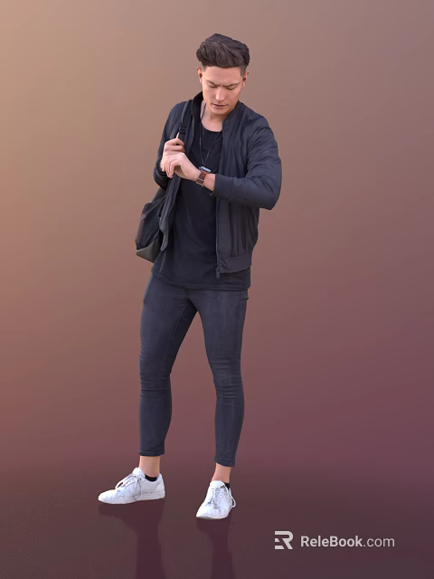 Man In Black Jacket And Tshirt Standing With Crossbody Bag Checking Watch 3d model 