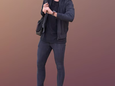Man In Black Jacket And Tshirt Standing With Crossbody Bag Checking Watch 3d model