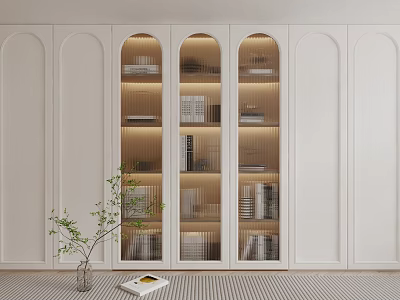 White Arched Glass Door Display Cabinet With Interior Lighting And Books On Layered Shelves 3d model