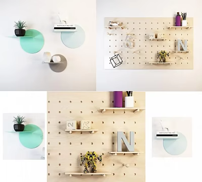 Minimalist Wall Cabinets Design With Wooden Pegboard Shelves Green Decor And Letter Accents 3d model