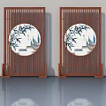 Traditional Chinese Hinged Doors With Bamboo Patterns And Circular Decorative Panels 3d model