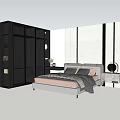 Modern Bedroom Interior With Double Bed Black Wardrobe And Striped Wall 3d model