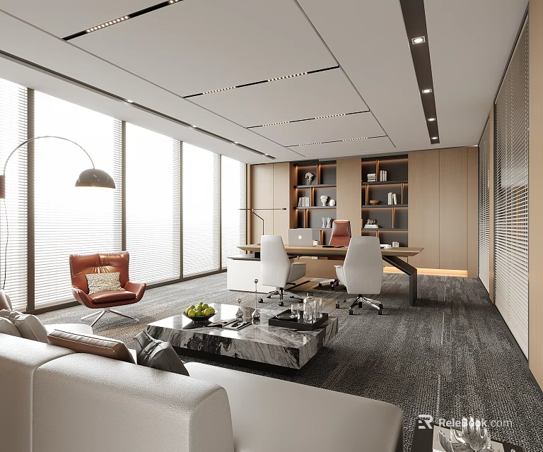 Modern Office Interior Design With Large Windows White Sofa Red Chair And Wooden Bookshelves 3d model 
