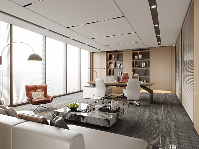 Modern Office Interior Design With Large Windows White Sofa Red Chair And Wooden Bookshelves 3d model