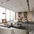 Modern Office Interior Design With Large Windows White Sofa Red Chair And Wooden Bookshelves