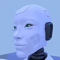 White Humanoid Robot With Extended Arms Standing On Blue Platform With Purple Circular Rings Around