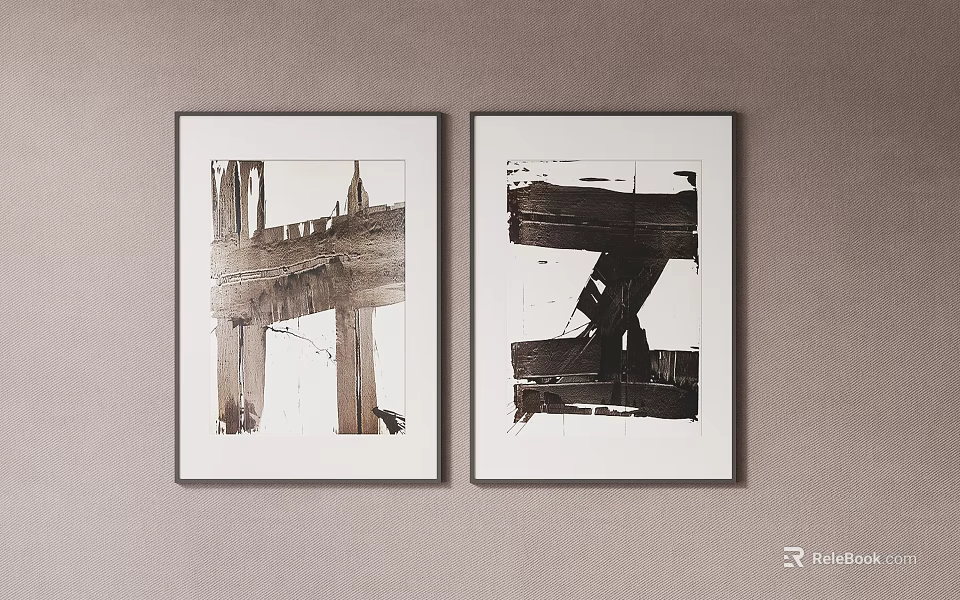 Two Abstract Paintings In White Frames With Monochrome Brushstroke And Geometric Patterns On Wall 3d model