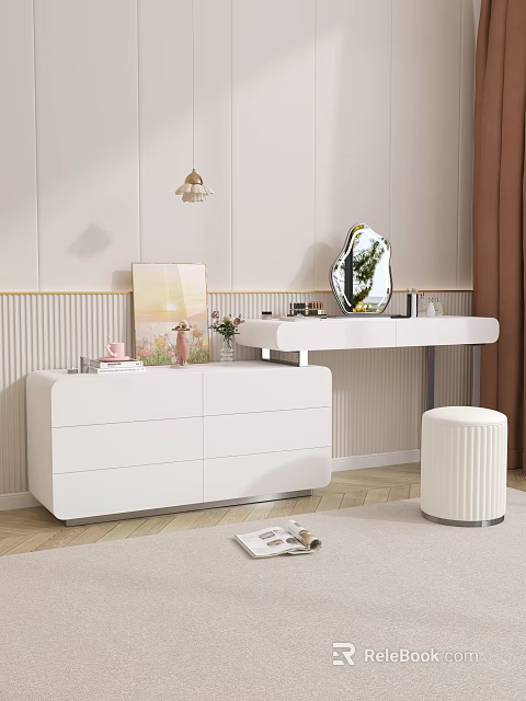 Modern White Dressing Table With Mirror Flower Vase Artwork Drawers And Pouf Stool 3d model 